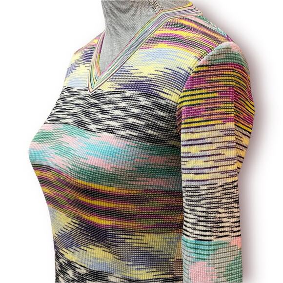 MISSONI Soft Wool Blend Space Dye V-Neck Sweater Top Yellow Mint Black and White - Picture 3 of 14